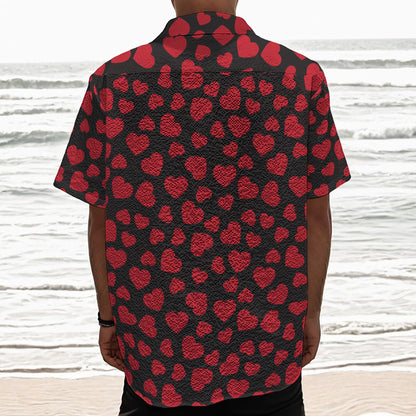 Red And Black Heart Pattern Print Textured Short Sleeve Shirt