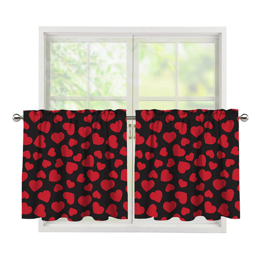 Red And Black Heart Pattern Print Tier Curtains