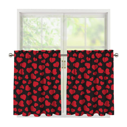 Red And Black Heart Pattern Print Tier Curtains