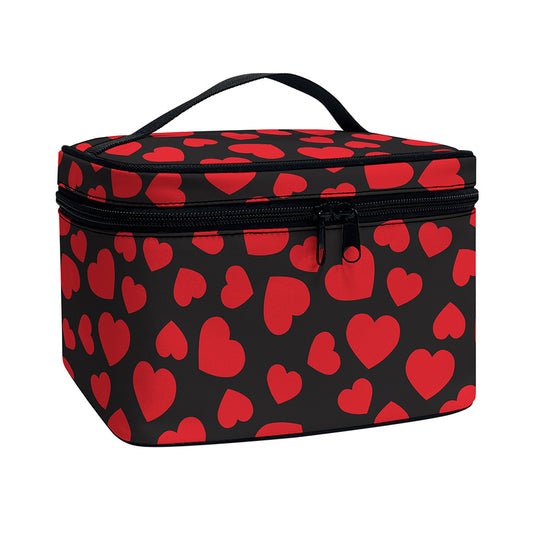 Red And Black Heart Pattern Print Travel Makeup Bag