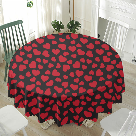Red And Black Heart Pattern Print Waterproof Round Tablecloth