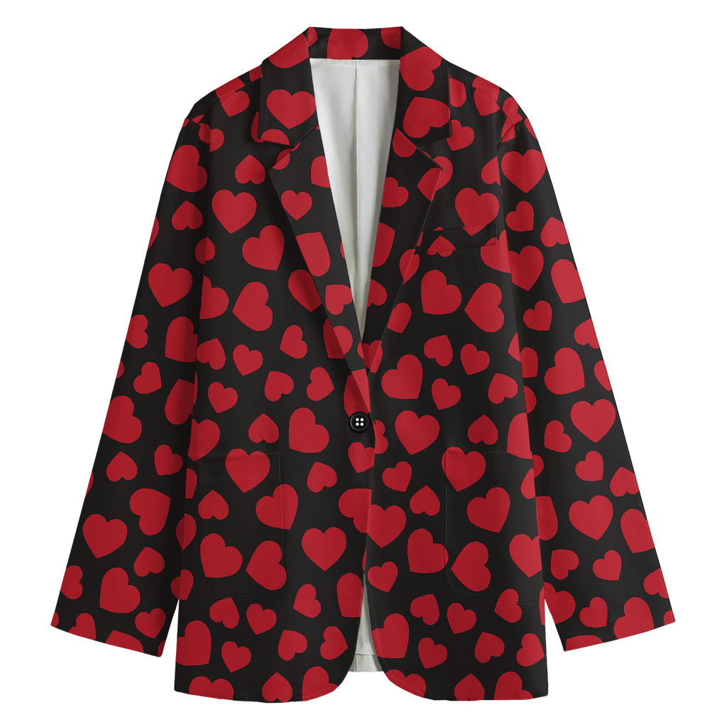 Red And Black Heart Pattern Print Women's Cotton Blazer