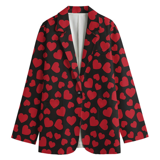 Red And Black Heart Pattern Print Women's Cotton Blazer
