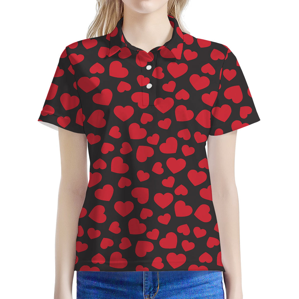 Red And Black Heart Pattern Print Women's Polo Shirt