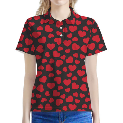 Red And Black Heart Pattern Print Women's Polo Shirt