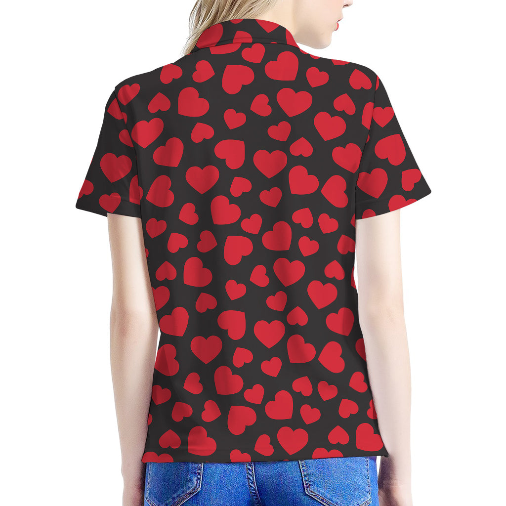Red And Black Heart Pattern Print Women's Polo Shirt