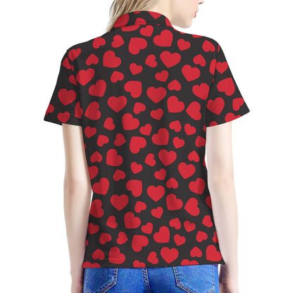 Red And Black Heart Pattern Print Women's Polo Shirt