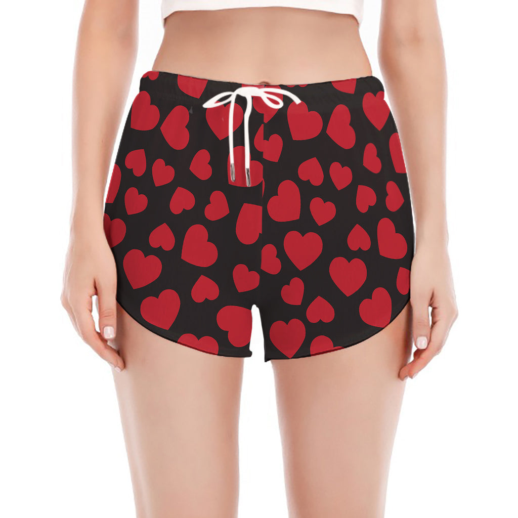 Red And Black Heart Pattern Print Women's Split Running Shorts