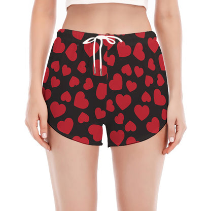 Red And Black Heart Pattern Print Women's Split Running Shorts