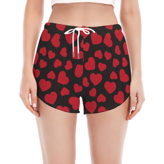 Red And Black Heart Pattern Print Women's Split Running Shorts