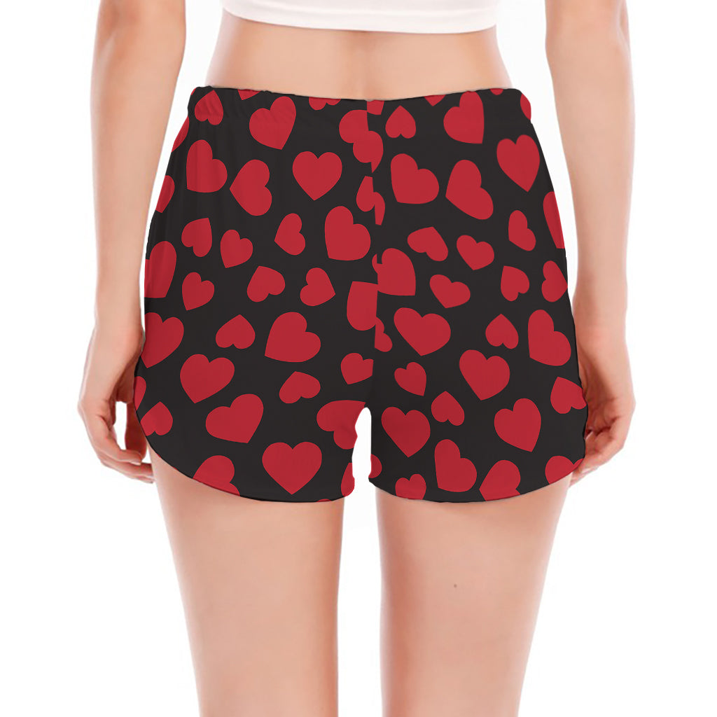Red And Black Heart Pattern Print Women's Split Running Shorts