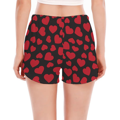 Red And Black Heart Pattern Print Women's Split Running Shorts