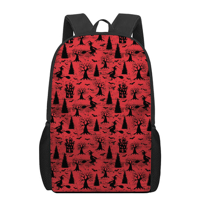 Red And Black Horror Witch Pattern Print 17 Inch Backpack