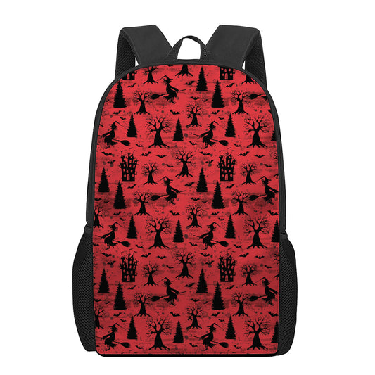 Red And Black Horror Witch Pattern Print 17 Inch Backpack