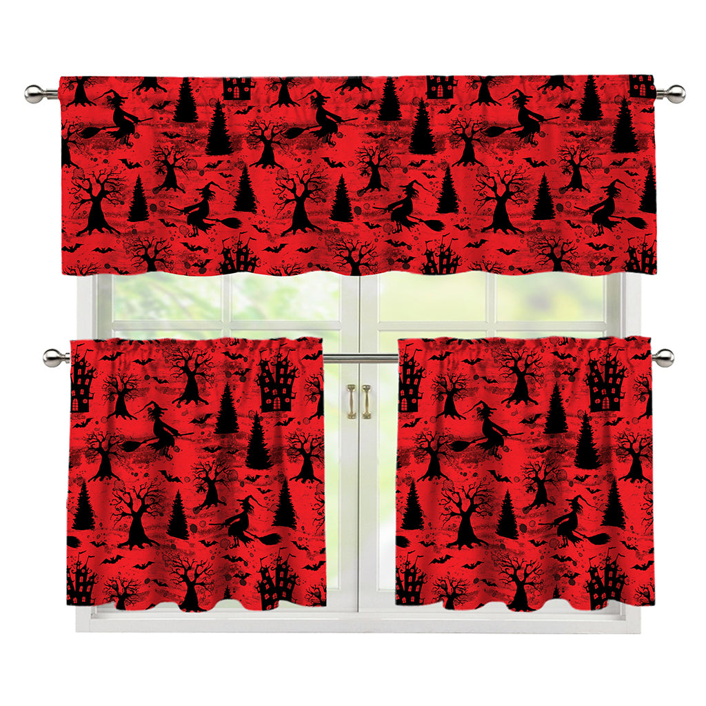 Red And Black Horror Witch Pattern Print 3 Piece Kitchen Curtains