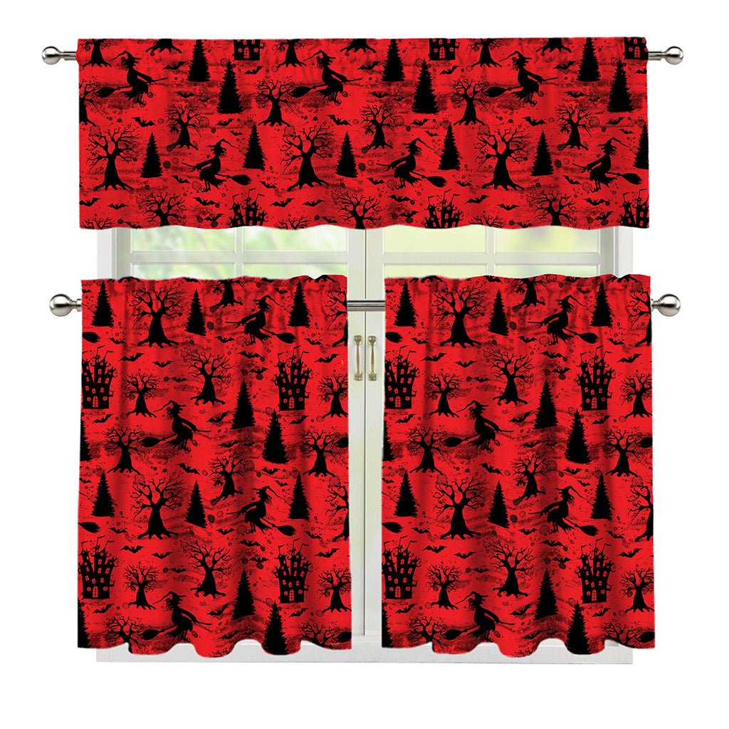 Red And Black Horror Witch Pattern Print 3 Piece Kitchen Curtains