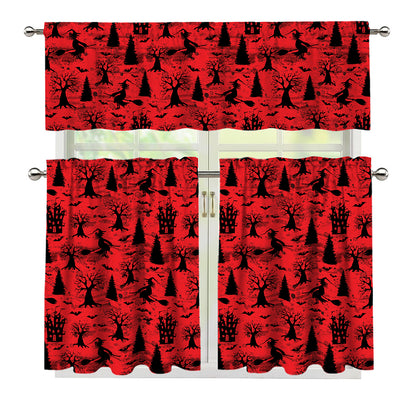 Red And Black Horror Witch Pattern Print 3 Piece Kitchen Curtains