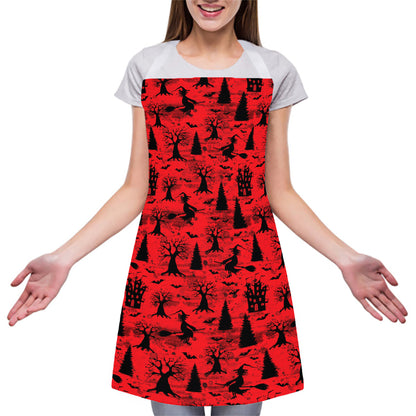 Red And Black Horror Witch Pattern Print Adjustable Apron