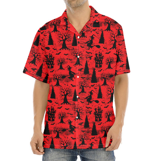 Red And Black Horror Witch Pattern Print Aloha Shirt