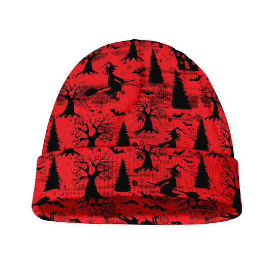 Red And Black Horror Witch Pattern Print Beanie