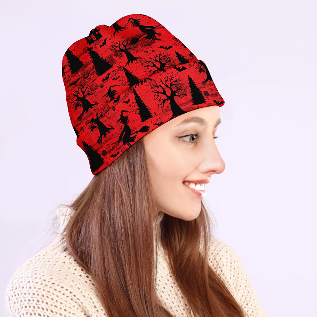 Red And Black Horror Witch Pattern Print Beanie