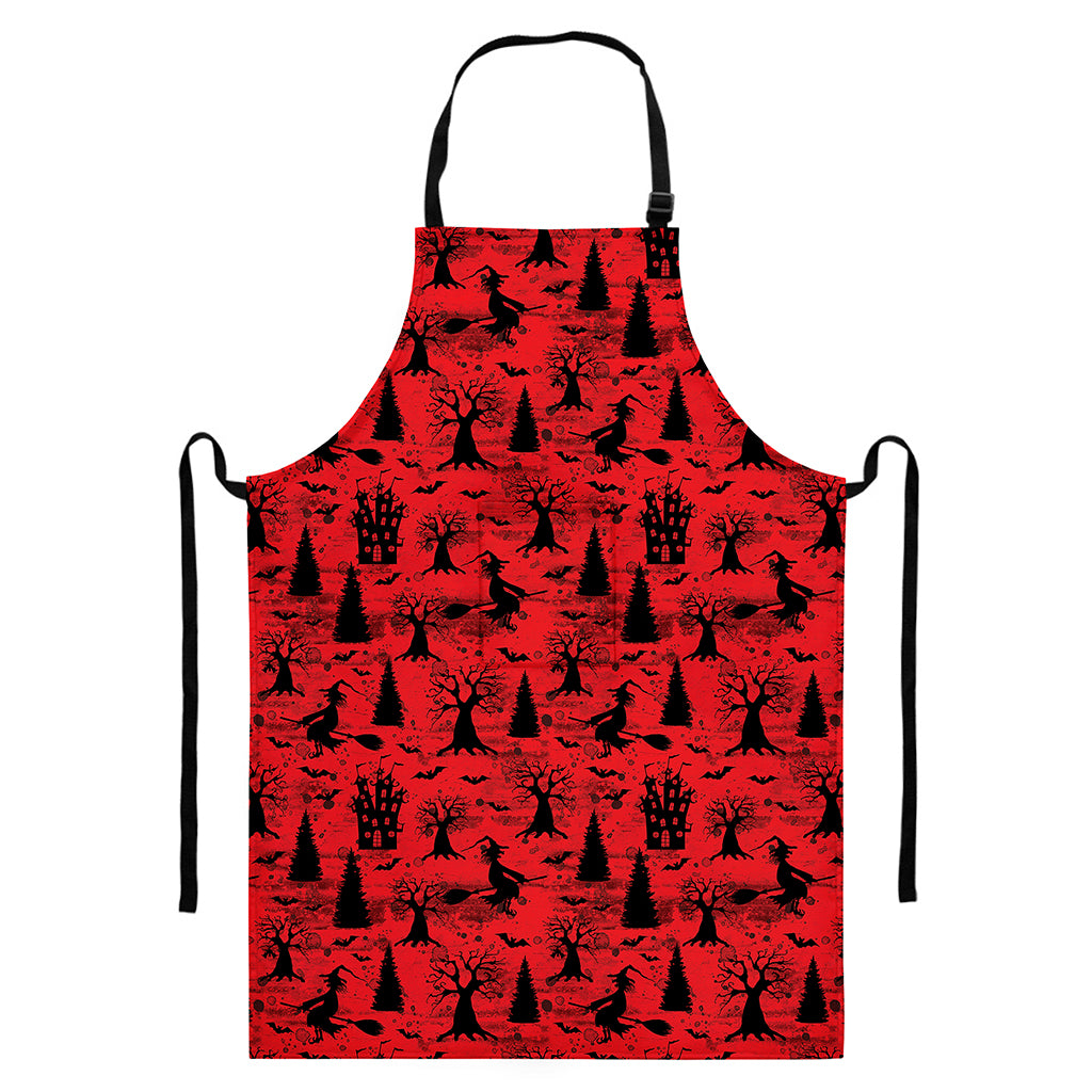 Red And Black Horror Witch Pattern Print Bib Apron With Pocket