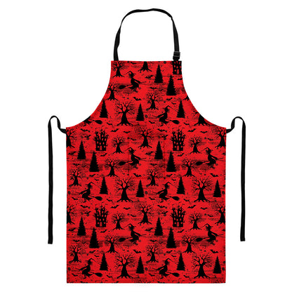Red And Black Horror Witch Pattern Print Bib Apron With Pocket