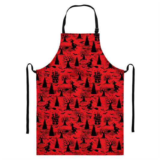 Red And Black Horror Witch Pattern Print Bib Apron With Pocket