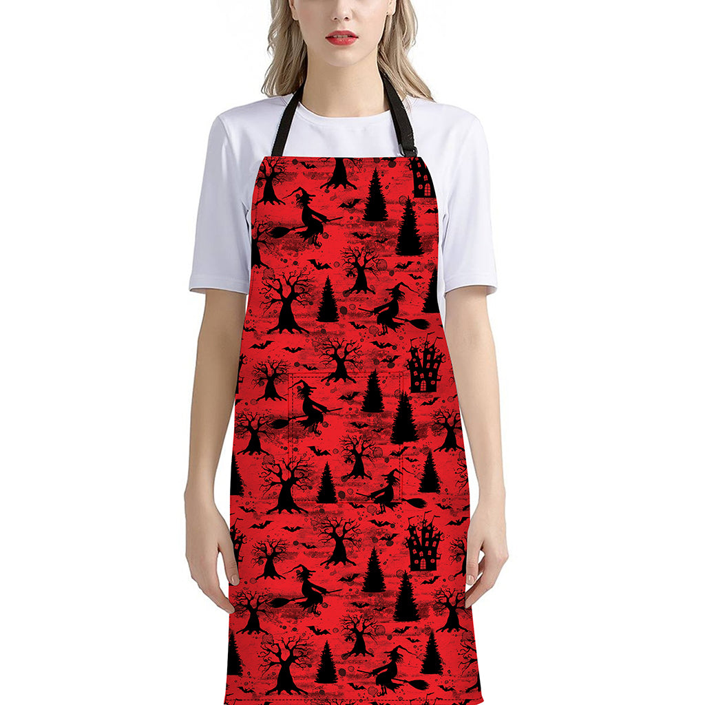 Red And Black Horror Witch Pattern Print Bib Apron With Pocket