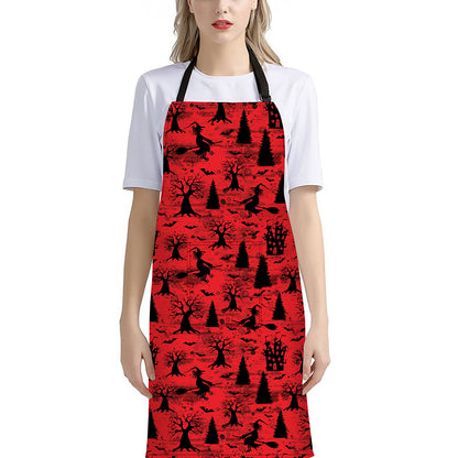 Red And Black Horror Witch Pattern Print Bib Apron With Pocket