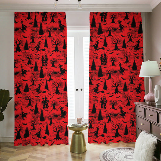 Red And Black Horror Witch Pattern Print Blackout Pencil Pleat Curtains