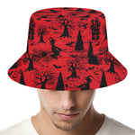 Red And Black Horror Witch Pattern Print Bucket Hat