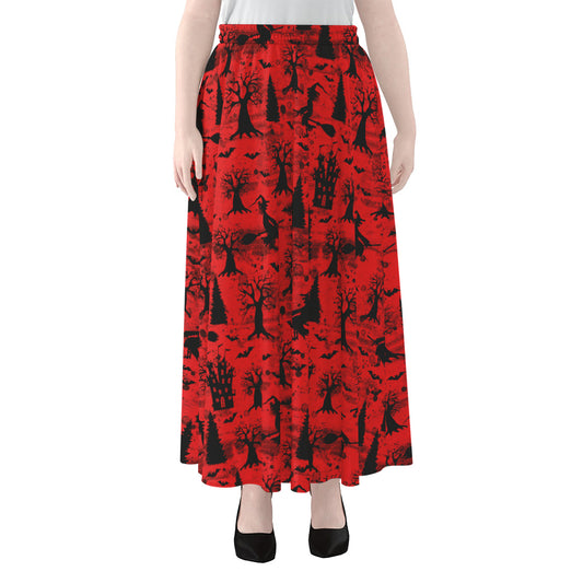 Red And Black Horror Witch Pattern Print Chiffon Maxi Skirt