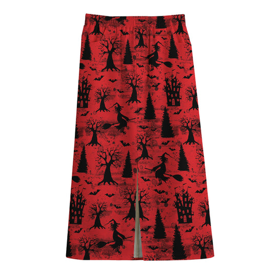 Red And Black Horror Witch Pattern Print Cotton Front Slit Maxi Skirt