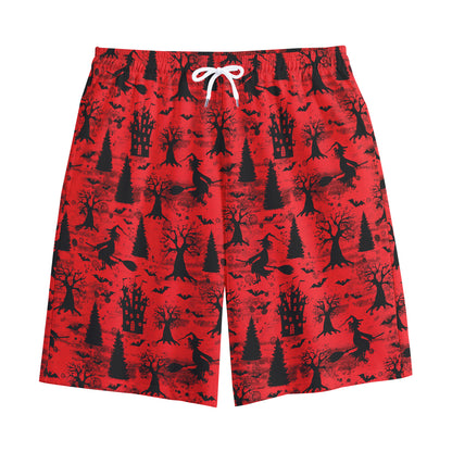 Red And Black Horror Witch Pattern Print Cotton Shorts