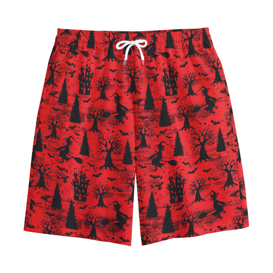 Red And Black Horror Witch Pattern Print Cotton Shorts