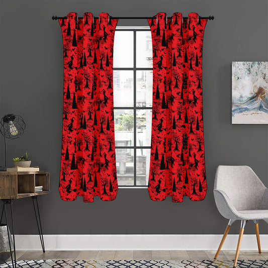 Red And Black Horror Witch Pattern Print Curtain