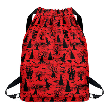 Red And Black Horror Witch Pattern Print Drawstring Backpack