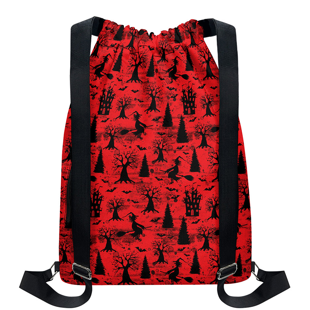 Red And Black Horror Witch Pattern Print Drawstring Backpack