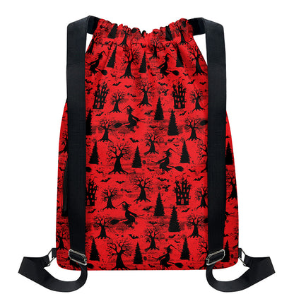 Red And Black Horror Witch Pattern Print Drawstring Backpack
