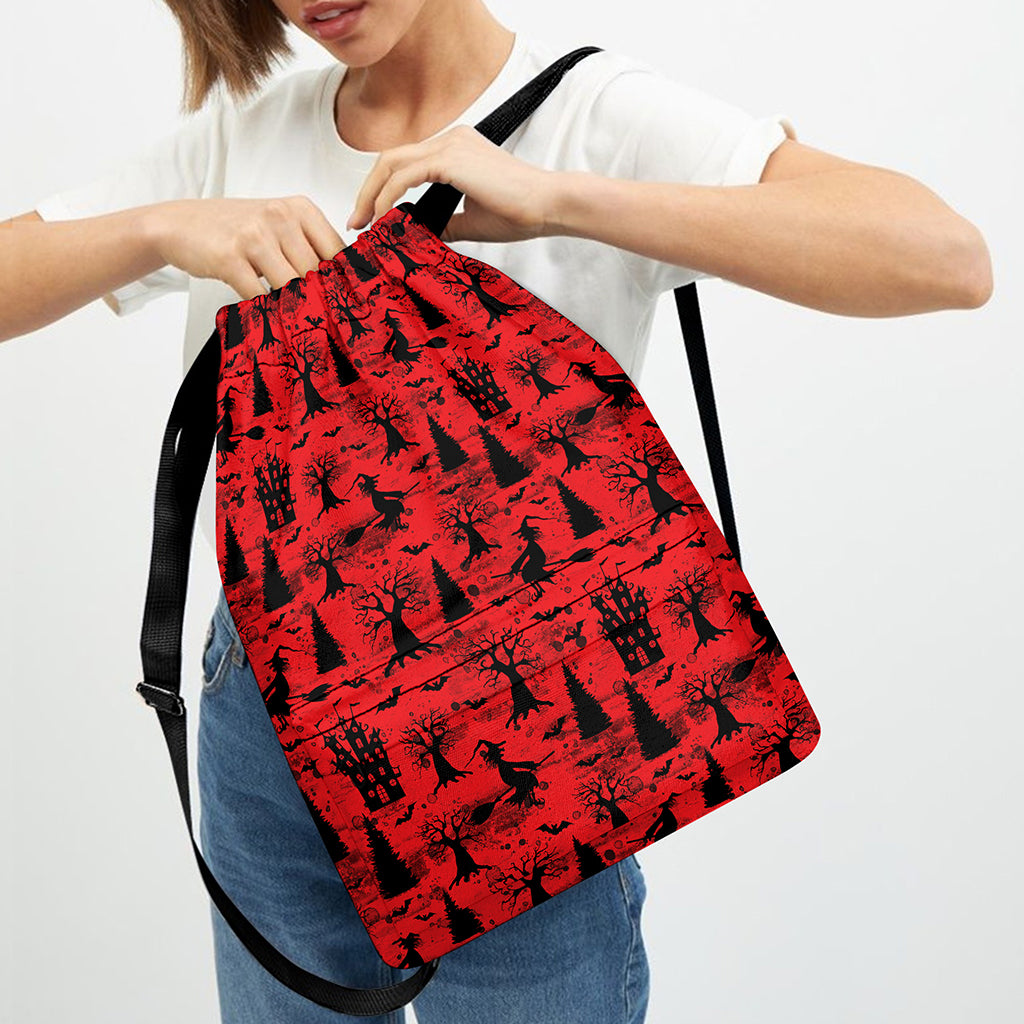 Red And Black Horror Witch Pattern Print Drawstring Backpack