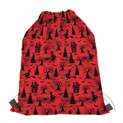Red And Black Horror Witch Pattern Print Drawstring Bag
