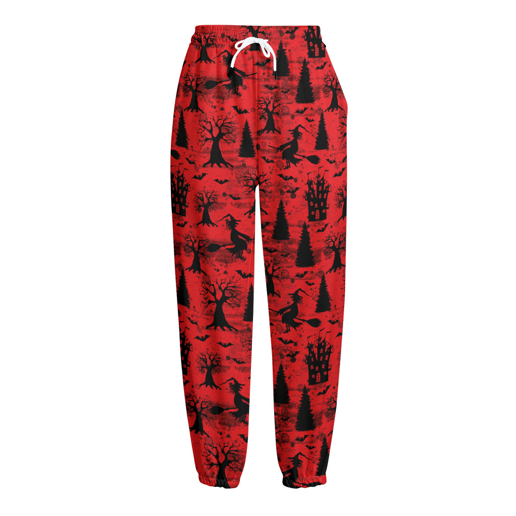Red And Black Horror Witch Pattern Print Fleece Lined Knit Pants