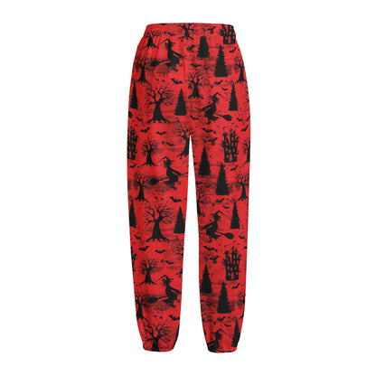 Red And Black Horror Witch Pattern Print Fleece Lined Knit Pants