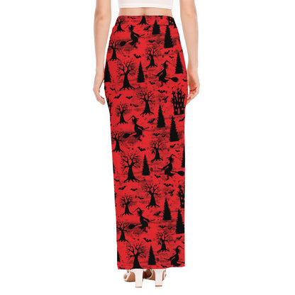 Red And Black Horror Witch Pattern Print High Slit Maxi Skirt