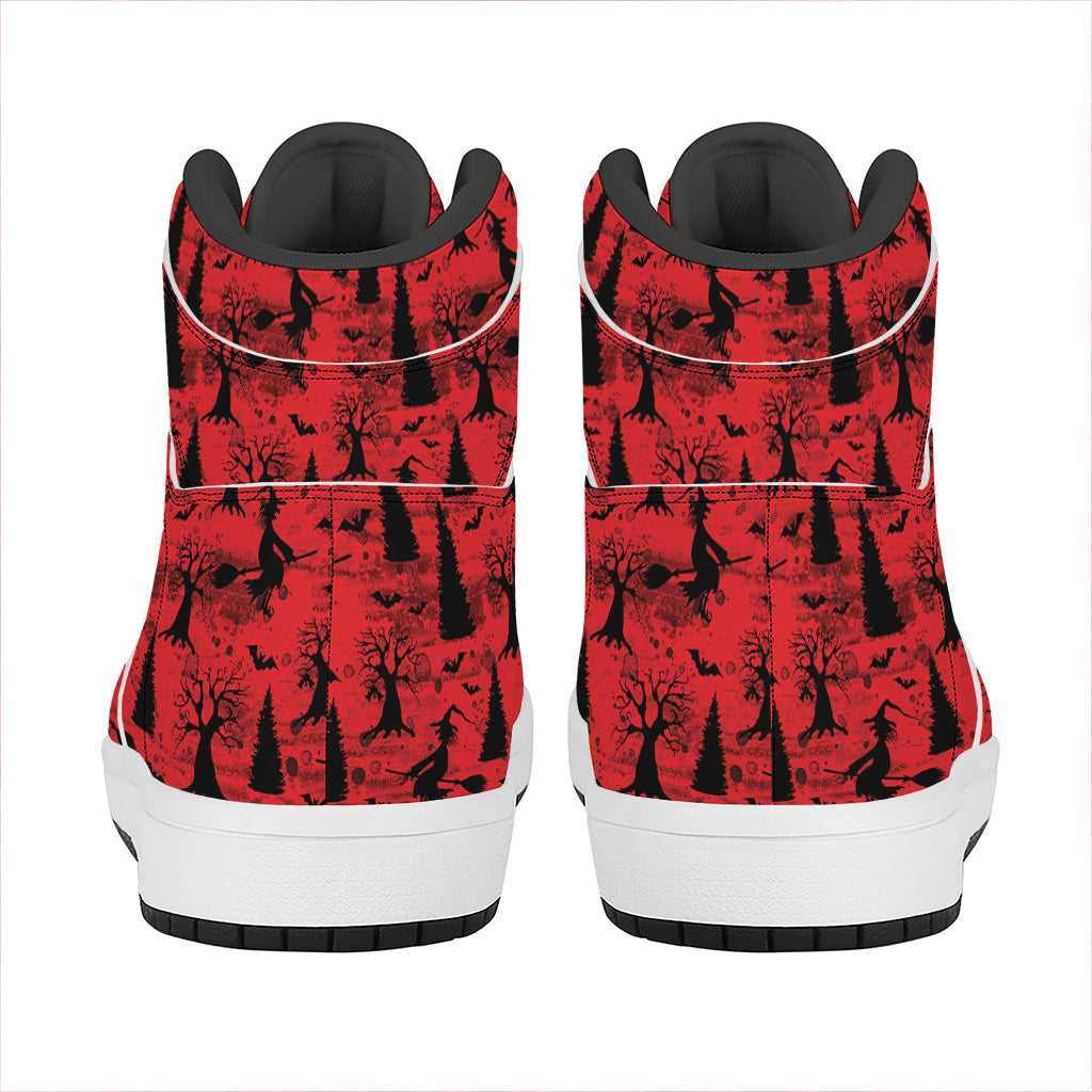 Red And Black Horror Witch Pattern Print High Top Leather Sneakers