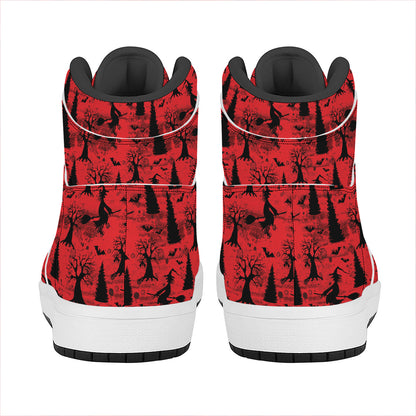 Red And Black Horror Witch Pattern Print High Top Leather Sneakers