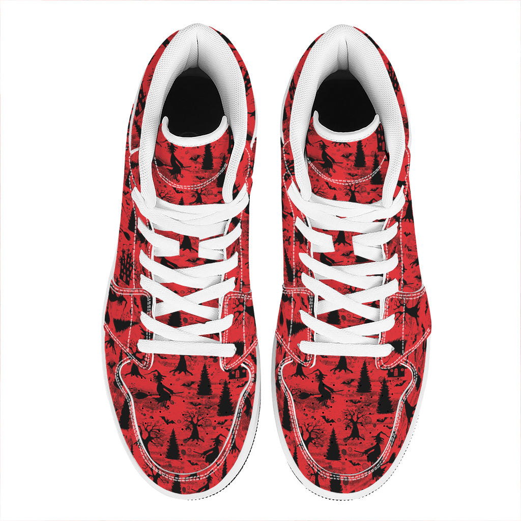 Red And Black Horror Witch Pattern Print High Top Leather Sneakers
