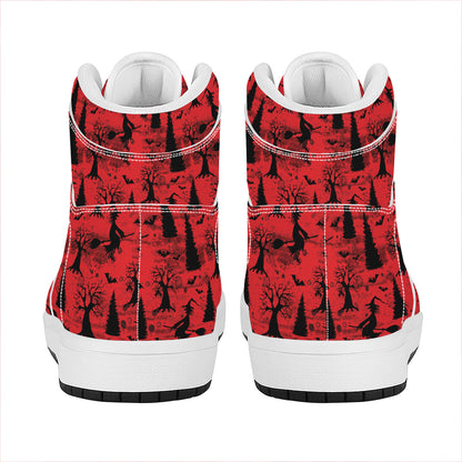 Red And Black Horror Witch Pattern Print High Top Leather Sneakers
