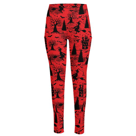 Red And Black Horror Witch Pattern Print High-Waisted Pocket Leggings